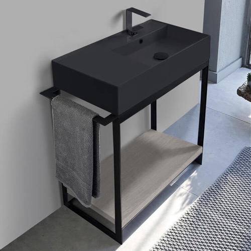 Modern Console Vanity with Grey Oak Shelf, 35 Inch Modern Console Vanity with Grey Oak Shelf, 35 Inch Scarabeo 5118-49-SOL2-88